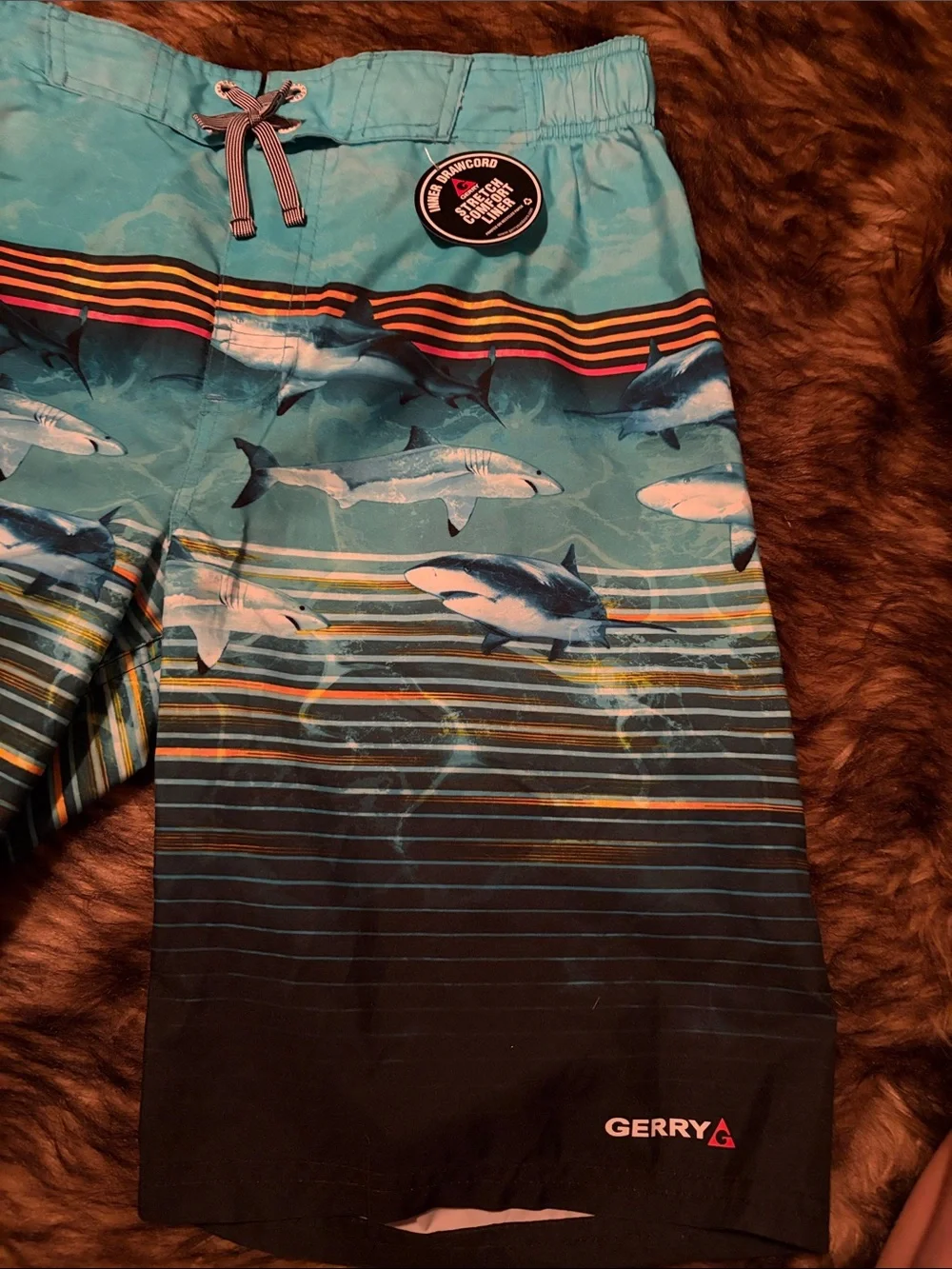 Gerry Shark Print Swim Shorts with Black and Orange Hem Stripes Size XL 18/20